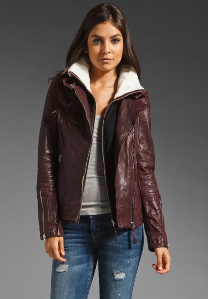 Mackage Distressed Leather Veruca Shearling Jacket in Merlot